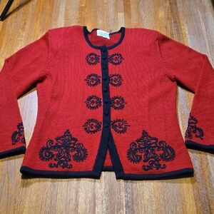 VTG Susan Bristol Women Medium Red Black Wool Knitted Embroidery Button Cardigan